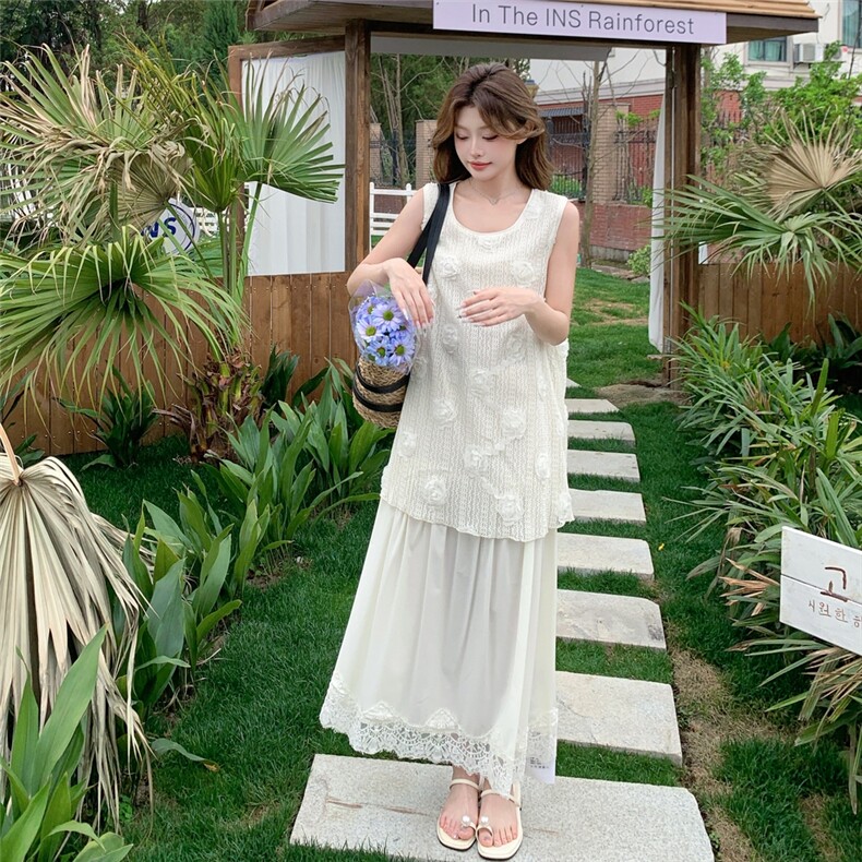 松弛感穿搭白色无袖背心连衣裙女夏超火绝美度假长裙假两件套装仙,女装连衣裙,2C216