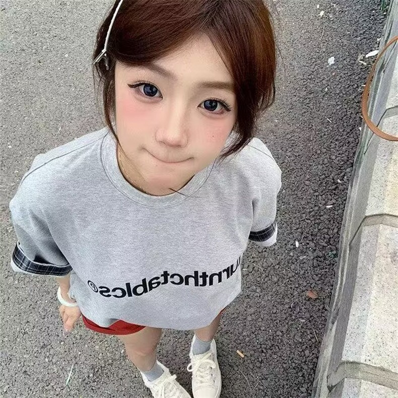 美式复古潮牌t恤女夏季格纹拼接灰色圆领短袖宽松情侣休闲上衣潮,男装T恤,星座506A