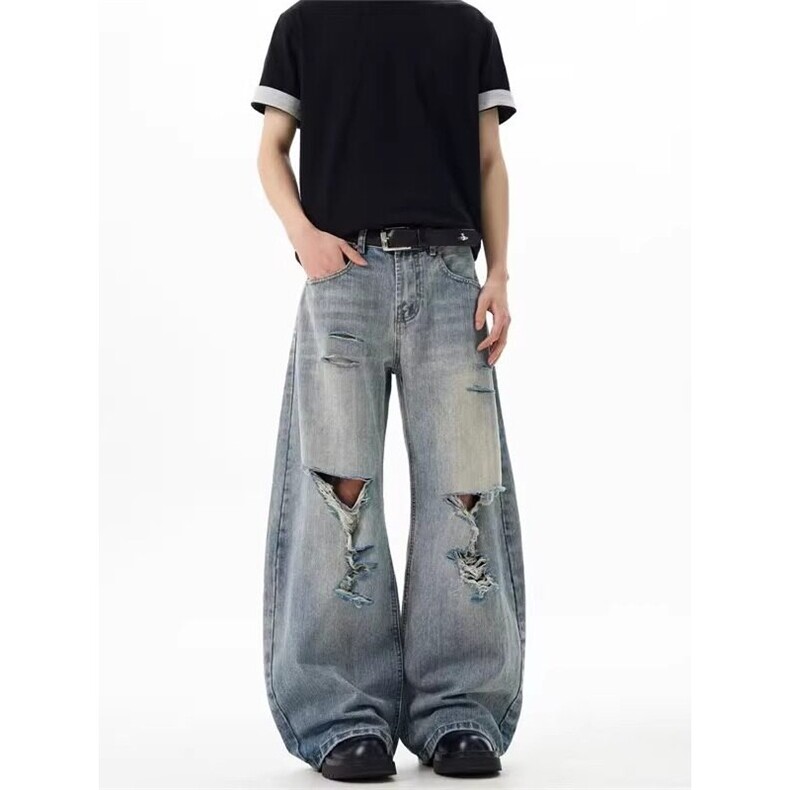 美式高街破洞设计感水洗牛仔裤男女宽松阔腿直筒长裤N01166-P55，男装牛仔裤，星座308B-2