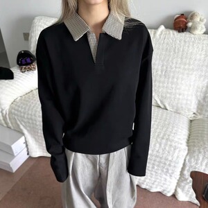 千鸟格拼接polo领卫衣老钱长袖t恤WY93-P45图片