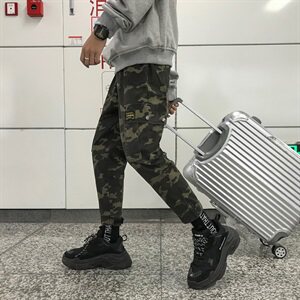 703 港风男多口袋工装休闲裤束脚长裤迷彩水洗全棉图片
