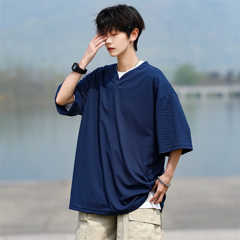 8XL-M短袖t恤男款夏季薄款垂感小V领七分袖加肥加大码DT005特P20,男装T恤,电商B312