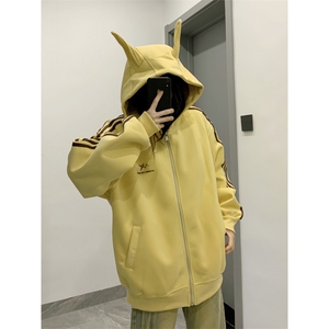 WE1950-P52 三杠条纹织带小恶魔耳朵连帽开衫卫衣男女图片