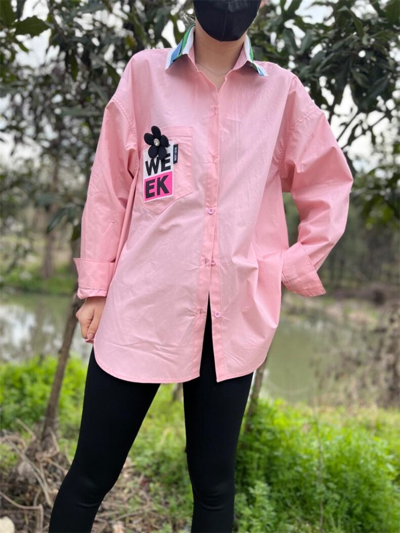 新款拼色领配花朵胸针休闲衬衫,女装衬衫,L·H·X
