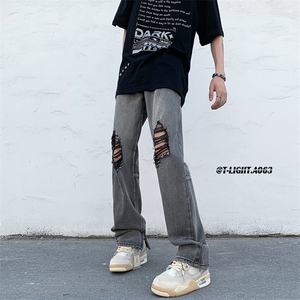 美式高街拉链直筒破洞牛仔裤货号K753P60图片