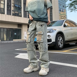 美式水洗牛仔裤高街设计感潮牌复古立体贴袋多口袋直筒BK36-P75图片