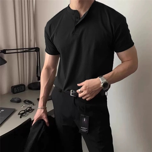 美式复古重磅短袖t恤男polo衫成熟稳重健身性张力穿搭硬汉亨利衫