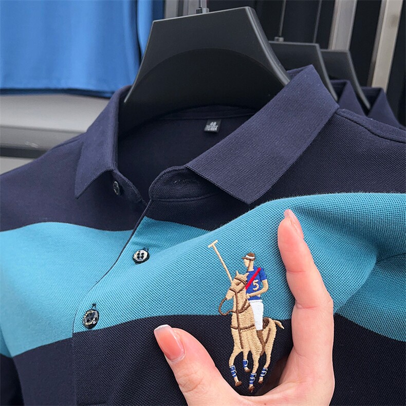 春秋季男士长袖t恤条纹保罗polo衫高档刺绣翻领秋装上衣体恤打底，男装Polo衫，电商B212（原钱塘6029）