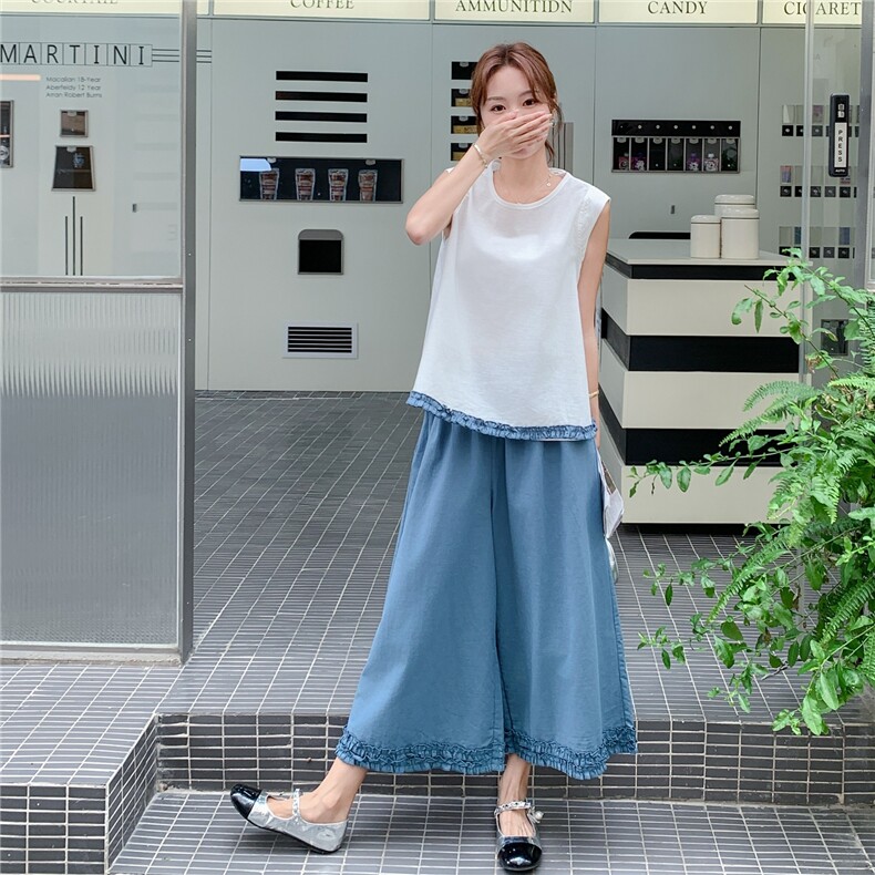 韩版温柔甜美木耳边背心套装女2025夏季新款显瘦撞色阔腿裤两件套,女装套装/套裙,慧尚2-185
