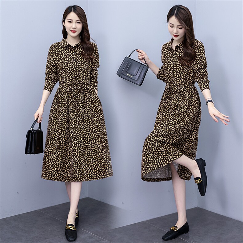 复古印花衬衫连衣裙女2024春秋新款收腰显瘦中长款纯棉碎花长裙子，女装连衣裙，凝聚力