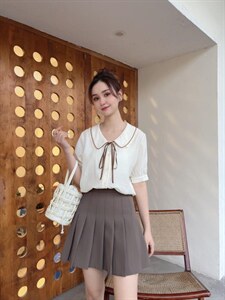 夏季清纯花叶领短T搭配纯色百褶裙,其它,知否