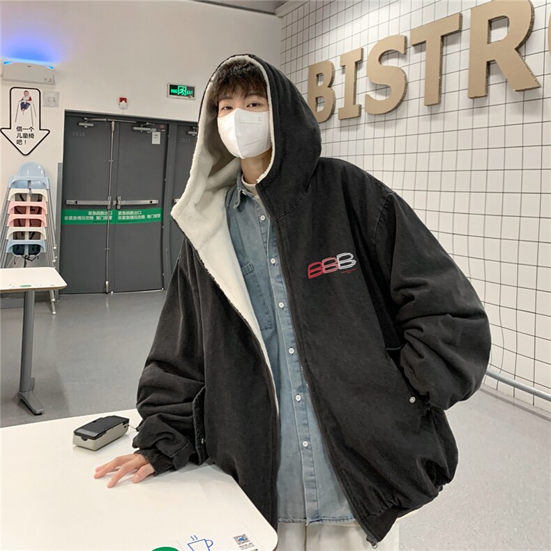 港风男暗黑水洗做旧美式牛仔羊羔毛棉衣加绒外套B210-MY125图片