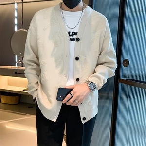 V领开衫男秋冬季提花针织衫加厚保暖男士毛衣高品质外套 M824图片