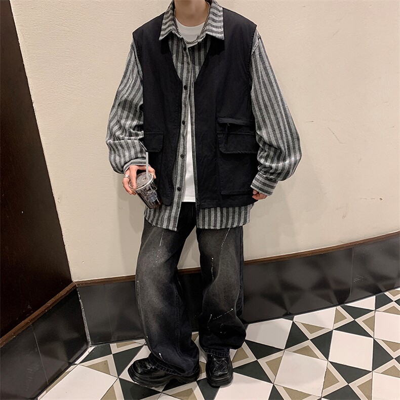 假两件工装马甲衬衫男款长袖胖子加肥加大码条纹衬衣日系休闲外套，男装衬衫，电商D206-1