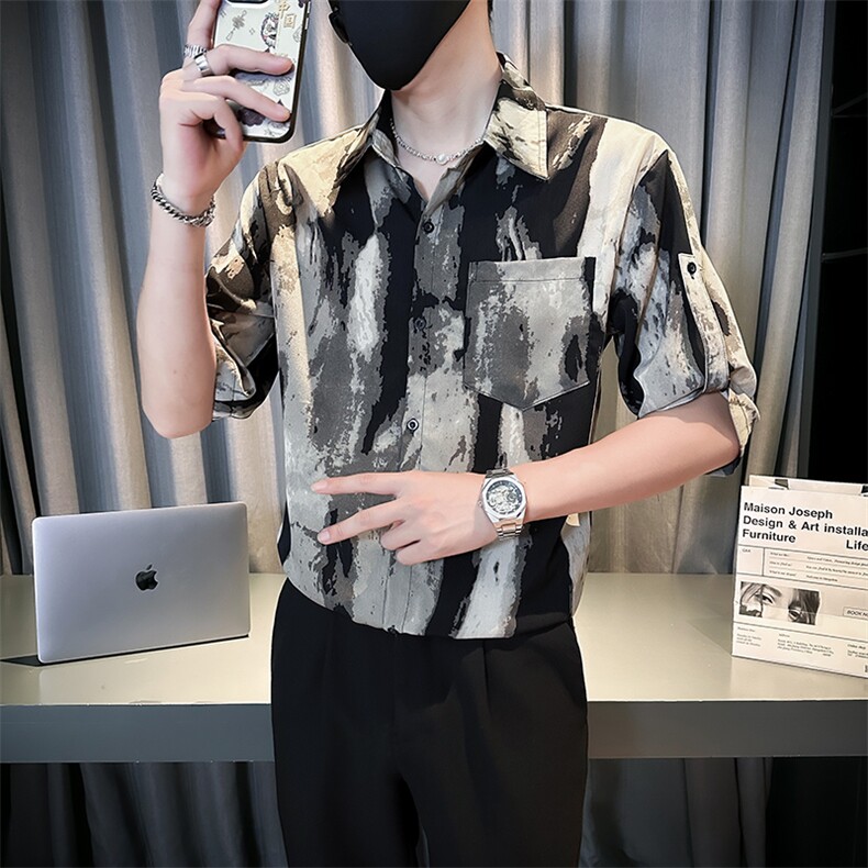 小伙宽松冰丝垂感衬衫男度假风短袖复古花衬衣A236--P50图片