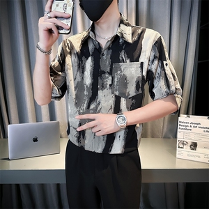 小伙宽松冰丝垂感衬衫男度假风短袖复古花衬衣A236--P50图片