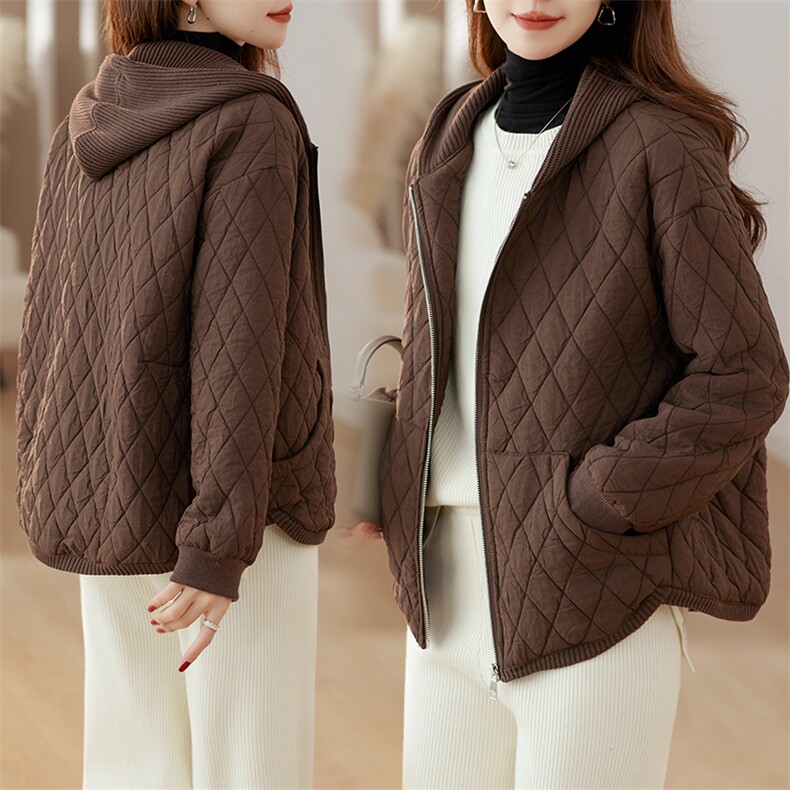 拼色连帽夹棉厚外套女2025春秋新款小个子宽松菱形格保暖轻薄棉衣，女装棉衣/棉服，余墨