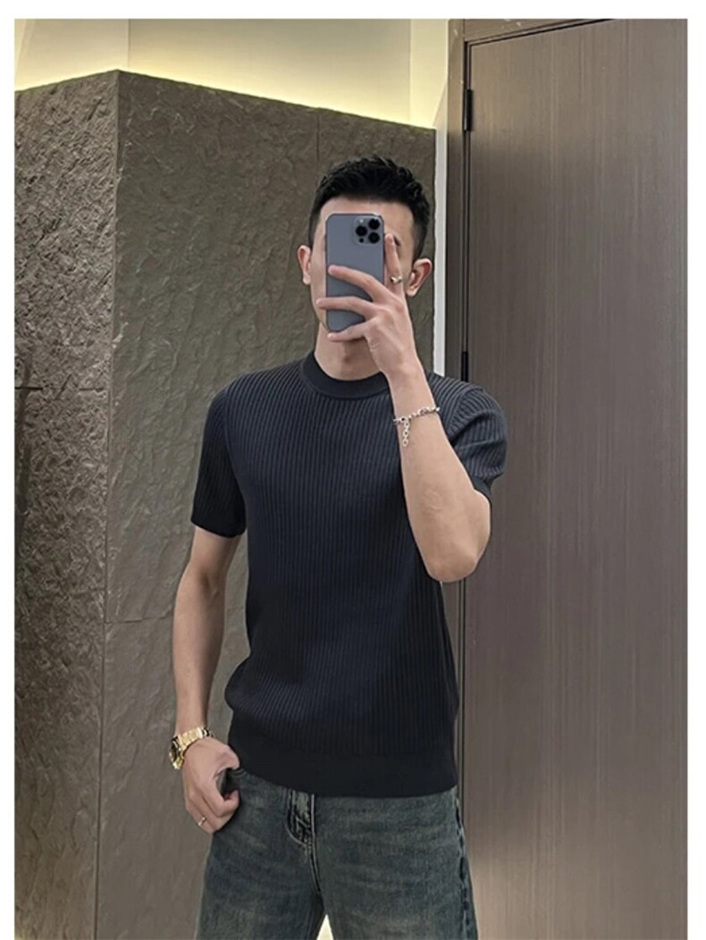 冠什么希同款圆领针织衫冰丝坑条肌理感短袖圆领H6003-P45,男装针织衫/毛衣,星座1012-1