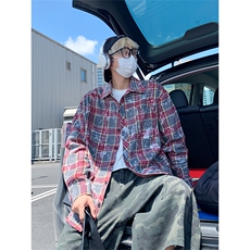 美式复古晕染格子衬衫男长袖高级感慵懒宽松外套C2260-特价P35，男装衬衫，电商A007