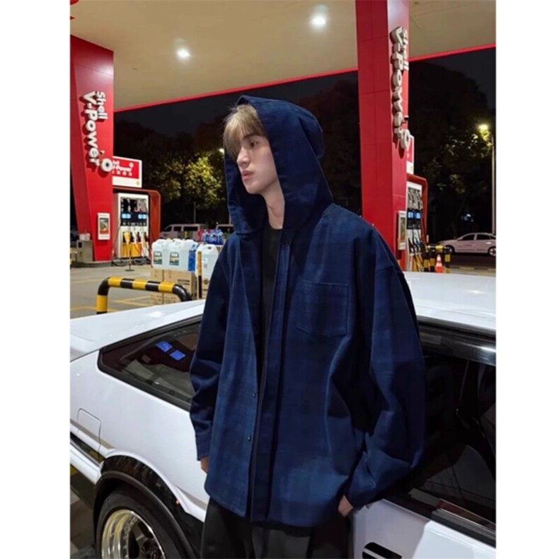 【聪明陈】美式复古磨毛格子衬衫男长袖格纹衬衣cleanfit情侣外套图片