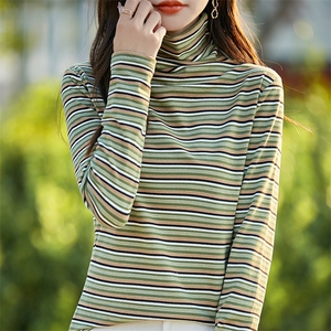 双面德绒磨毛条纹堆堆领打底衫女秋冬新款高领内搭撞色保暖上衣图片