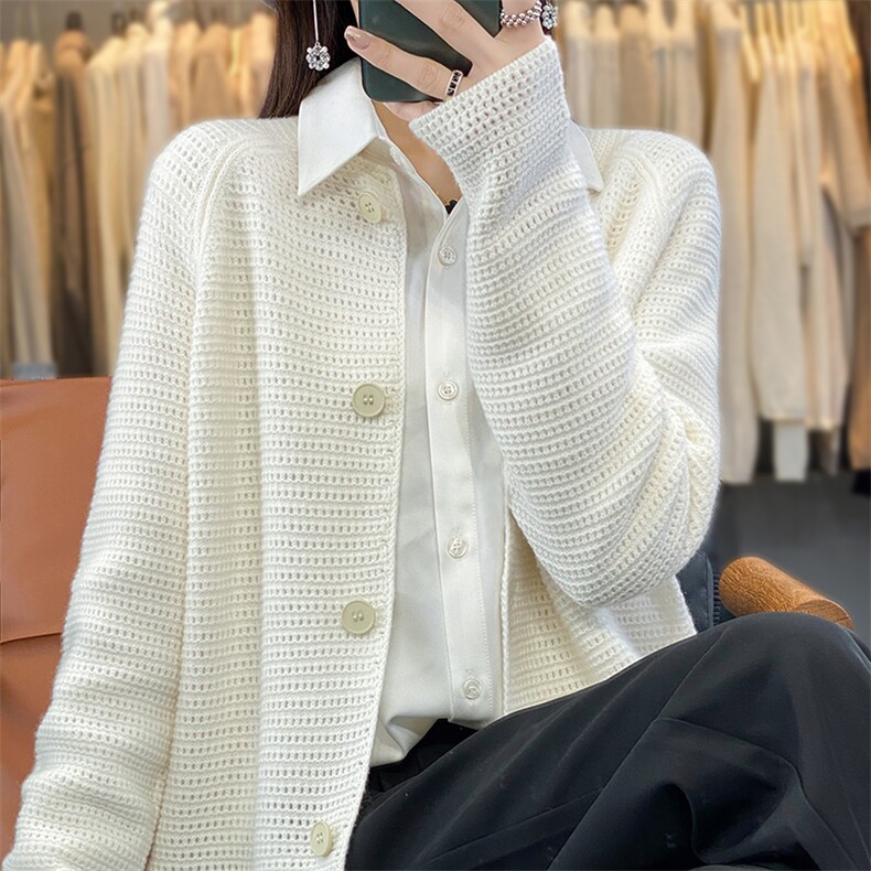 2024春秋新款立领开衫女宽松系扣百搭外套针织毛衣,女装羊毛衫,邦太羊绒