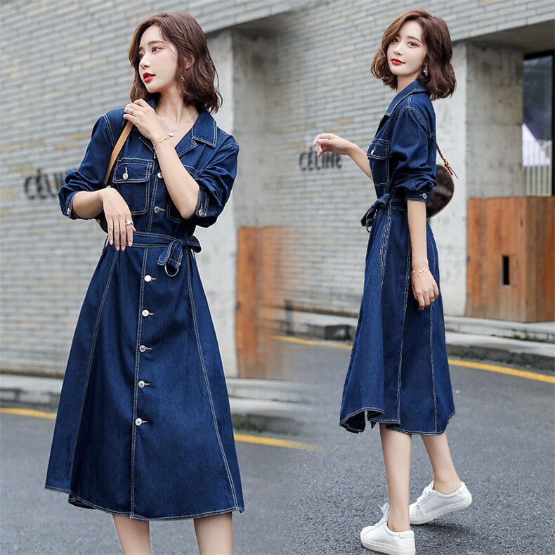 2022春款新款西装领开扣牛仔收腰系带连衣裙2022年春季，女装连衣裙，瑶迪依秀