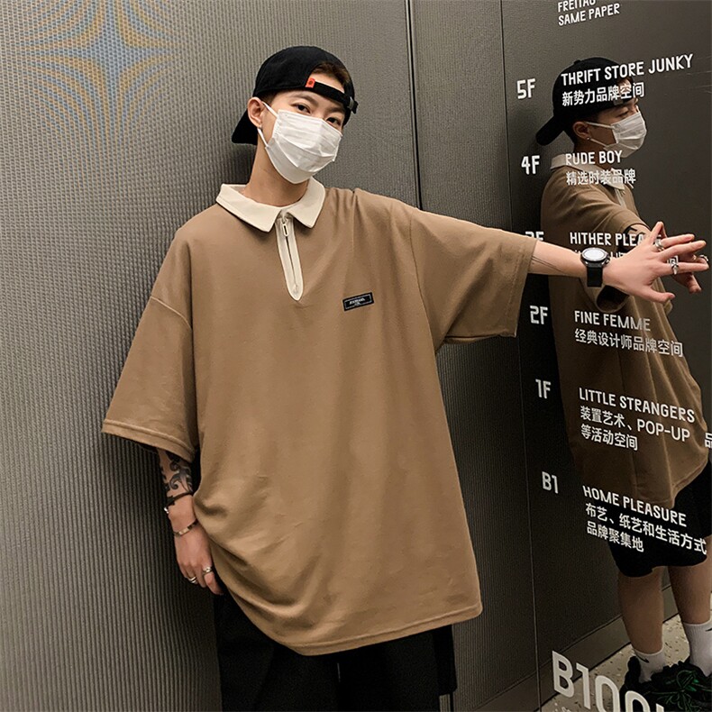 半袖Polo衫男夏季日系复古潮牌撞色翻领上衣宽松休闲重磅短袖T恤,男装T恤,星座1013