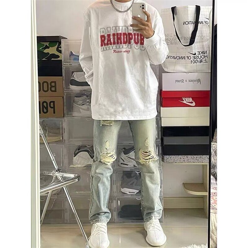 宽松型时尚春秋圆领青少年潮流美式设计感字母纯棉长袖T恤男慵懒,男装T恤,星座506A