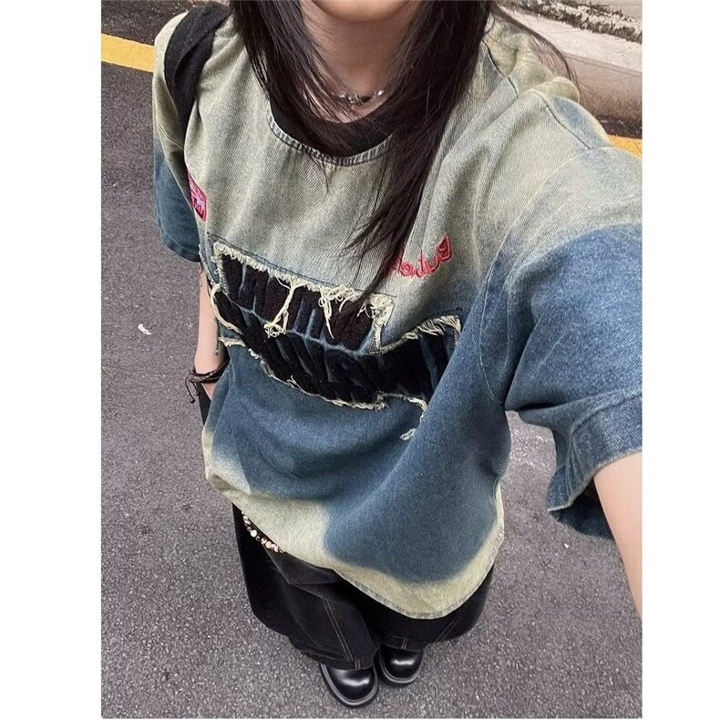 Q409-P55牛仔复古高级感刺绣贴布撞色设计感短袖T袖男女潮上衣,男装T恤,星座911-1