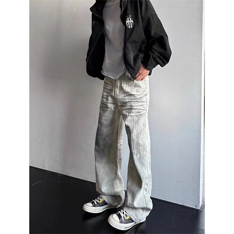 W9092-P63网图现货春季新款美式复古白色龙爪做旧脏脏牛仔长裤,男装牛仔裤,星座1608-2
