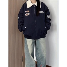 翻领摇粒绒拼色绣标棉服2025年秋冬棒球服宽松夹克加厚棉衣外套，男装夹克，星座506A