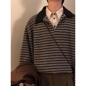 假两件条纹polo衫卫衣男秋季美式学院风dk领带衬衫领外套WYB3图片