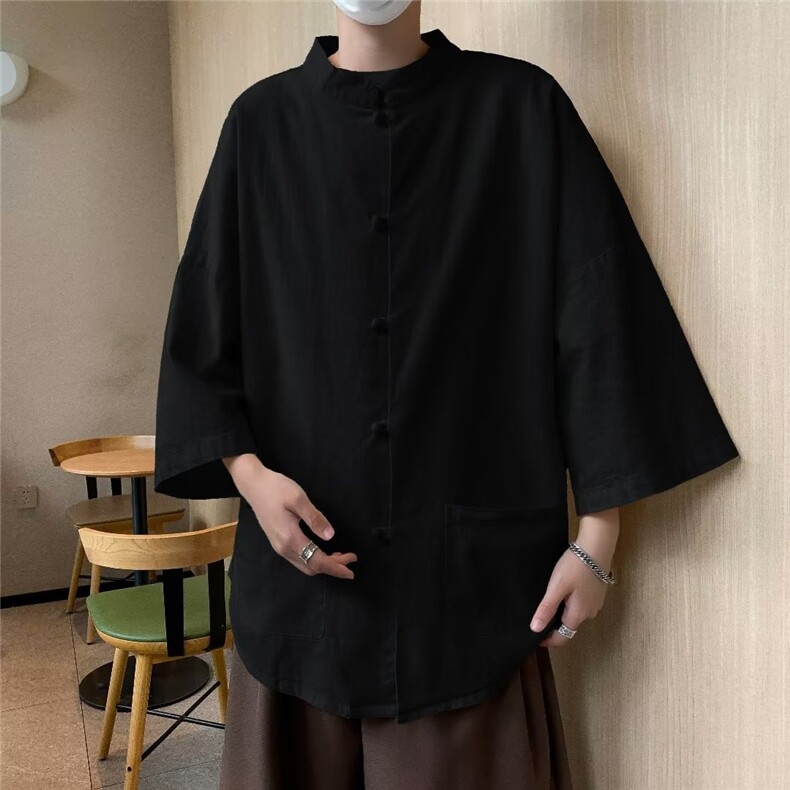 中山装夏季亚麻短袖道袍外套男风汉服衬衫套装CS04519-P40,男装衬衫,星座308B-2