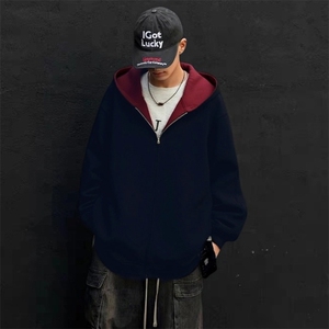 抖音得物二开美式高街重磅结构双层撞色连帽卫衣开衫外套W116