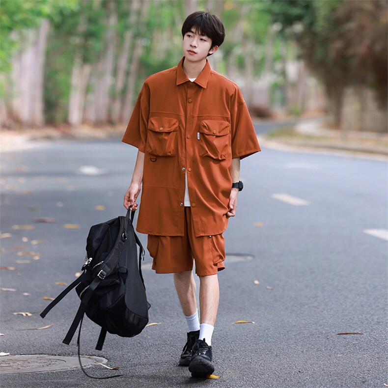 夏季套装男高品潮牌五分袖衬衫短裤大码两件套DSA157B-C76-P85图片