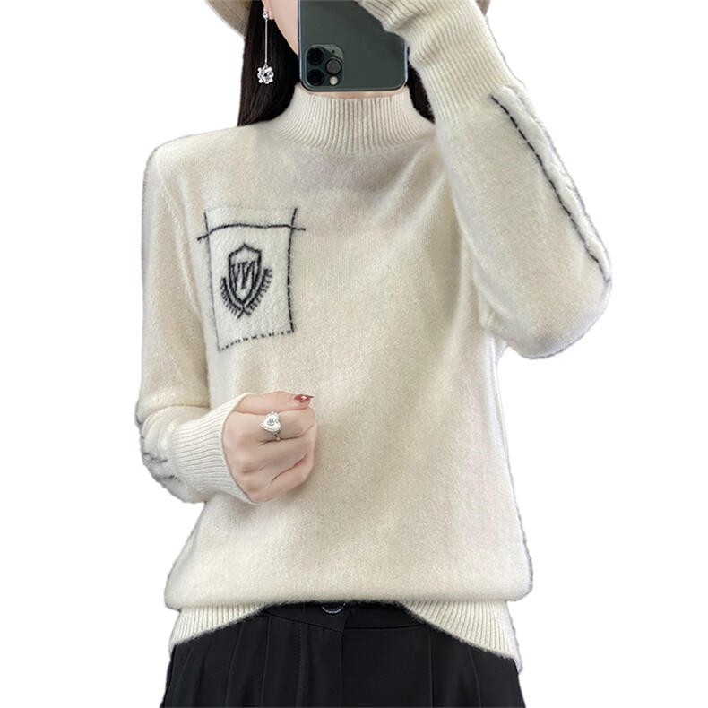 新款羊毛衫女半高领套头秋冬加厚宽松大码短款毛衣针织打底衫,女装羊毛衫,蒙特羊绒