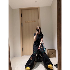 美式复古黑色牛仔背带裤女2025春秋新款设计感休闲直筒阔腿牛仔裤，男装牛仔裤，星座1210-1