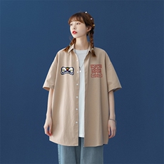 中性风2022夏季新品印花宽松翻领短袖衬衣衬衫CS105P35控58，女装衬衫，A247A