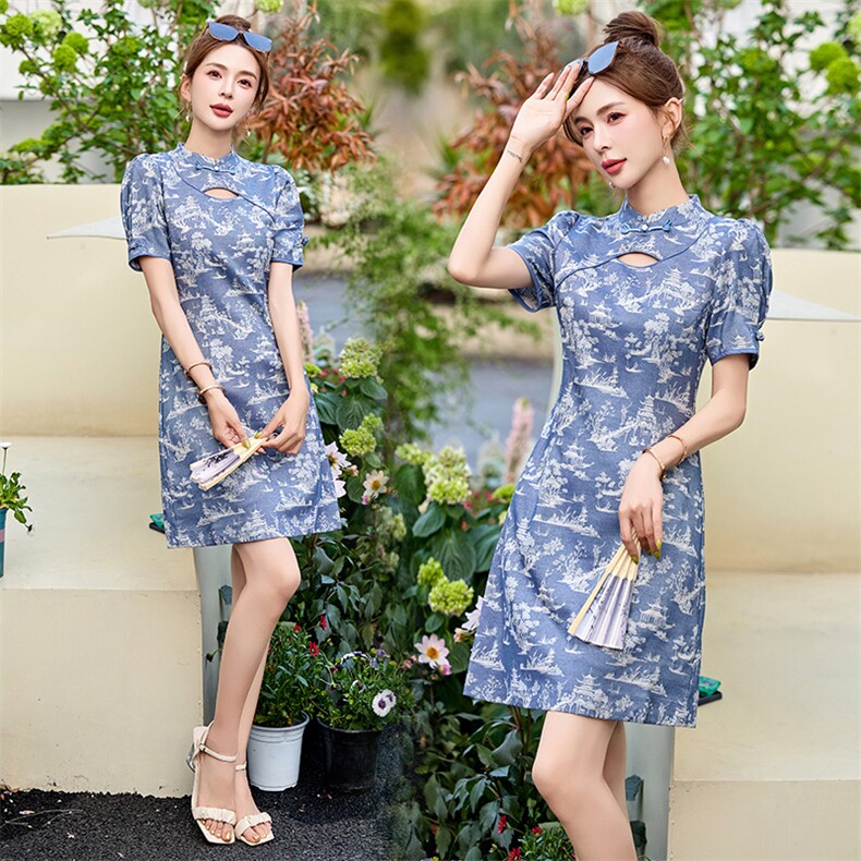 新中式风连衣裙女夏改良旗袍2025年新款高端小个子修身短款裙子,女装连衣裙,依多米