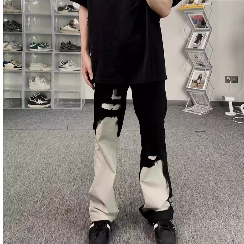 街头设计解构破坏黑白撞色工装牛仔裤男女微喇裤网图NZK832-P55,男装牛仔裤,星座302B-2