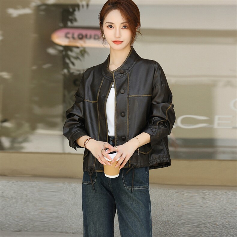 时尚设计感抽绳短外套女2024秋装新款今年流行小个子皮衣夹克，女装皮衣，欧兰熙