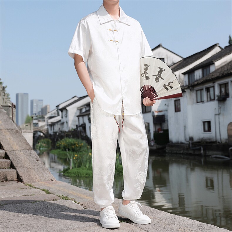 夏季冰丝风男士套装龙纹提花衬衫两件套A266-1-TZ250185-P70图片