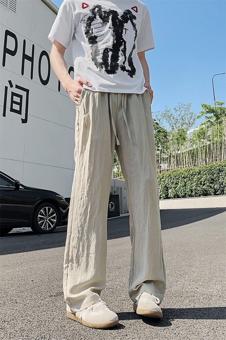 3015#-P45肌理感亚麻冰丝休闲裤男女夏季宽松速干直筒阔腿长裤,男装休闲裤,电商A178