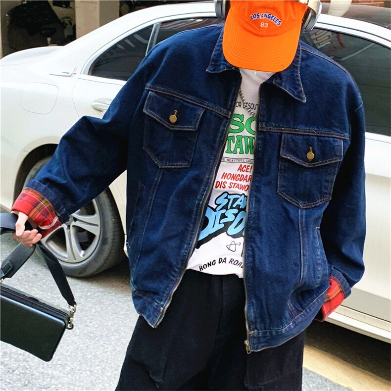 美式复古格纹拼接牛仔外套男女休闲宽松百搭工装夹克潮JK1166-P78,男装工装外套,星座1103-3