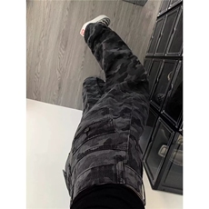 大码胖妹妹美式迷彩工装牛仔裤女阔腿裤梨形垂感拖地裤K6704-P42，男装牛仔裤，星座412-3