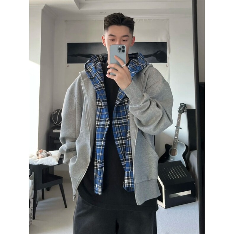 706-1-WY940-P88  港风男士格子假两件卫衣情侣休闲美式帽衫外套图片