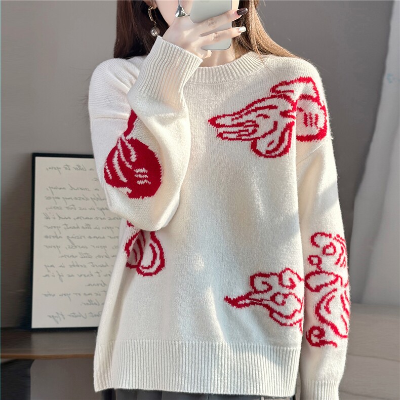 2025年秋季时尚百搭通勤简约休闲鸿运当头圆领羊毛衫，女装羊毛衫，佰米娇羊绒