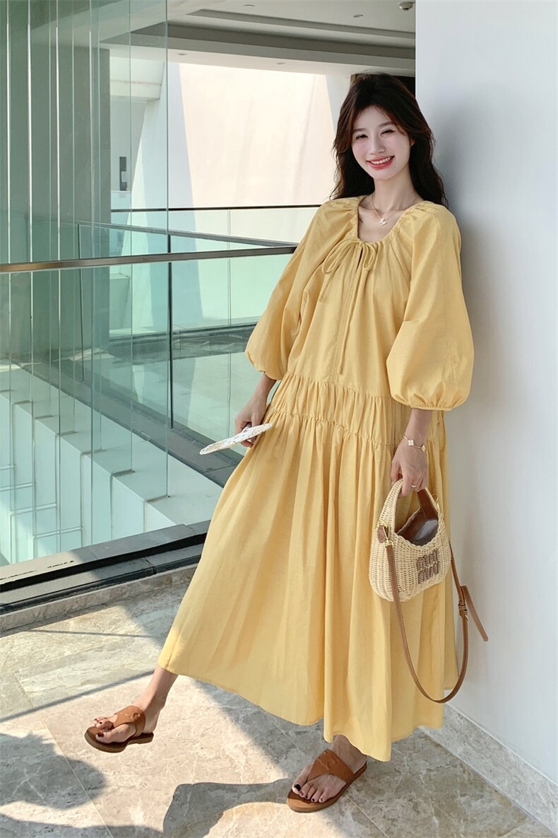 黄色度假风灯笼袖连衣裙女2025夏季新款法式复古高级感气质长裙子,女装连衣裙,2C115