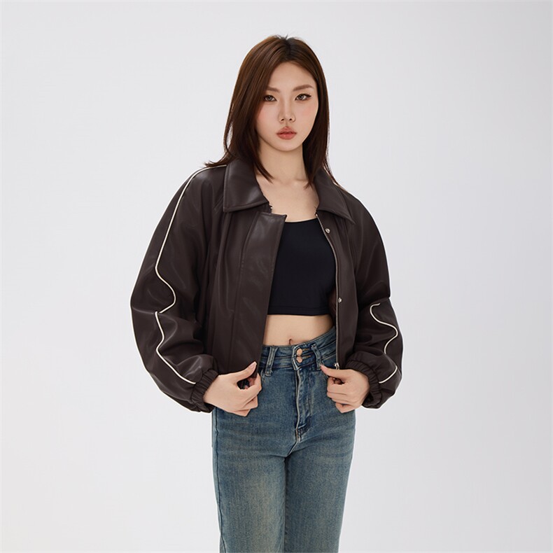 小个子皮衣外套女短款拼色秋季机车棒球服PU皮夹克,女装皮衣,曼琳思菲